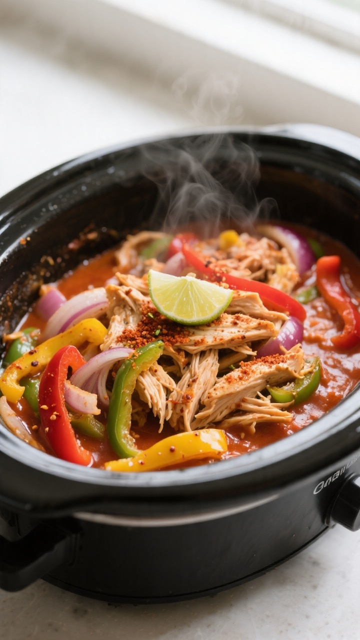 Cooking process close-up: Tender shredded slow-cooker chicken fajitas just returned to the pot, glis