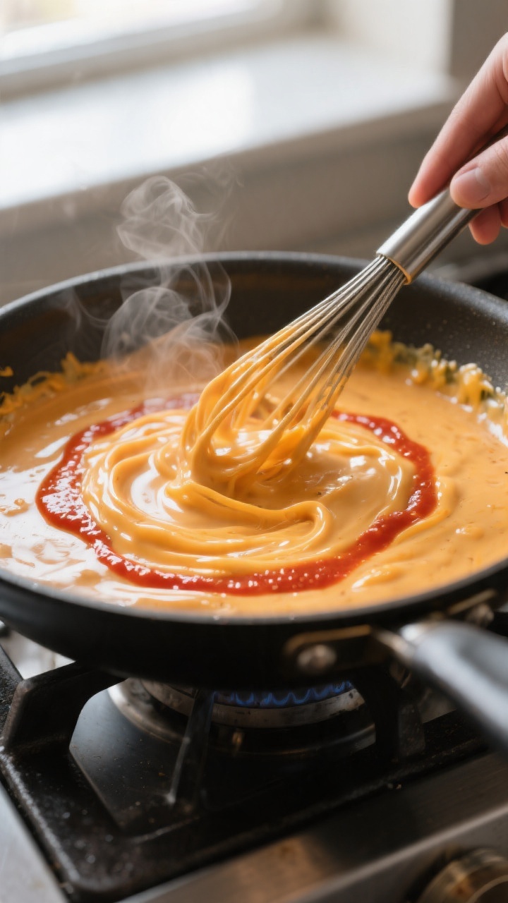 Cooking process close-up: Thick, glossy Buffalo cheese sauce being whisked in a deep skillet over lo