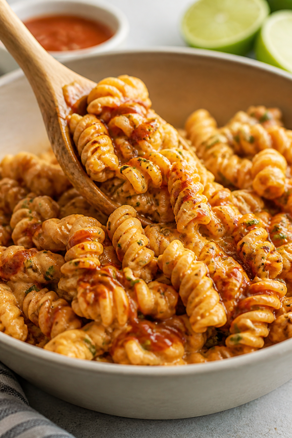 Cooking process close-up: Tossing al dente chickpea rotini in a large bowl with creamy honey BBQ Gre