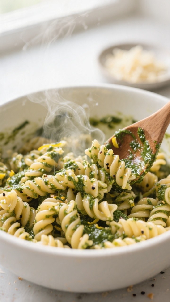 Cooking process close-up: Warm al dente fusilli being tossed with glossy basil pesto in a large whit