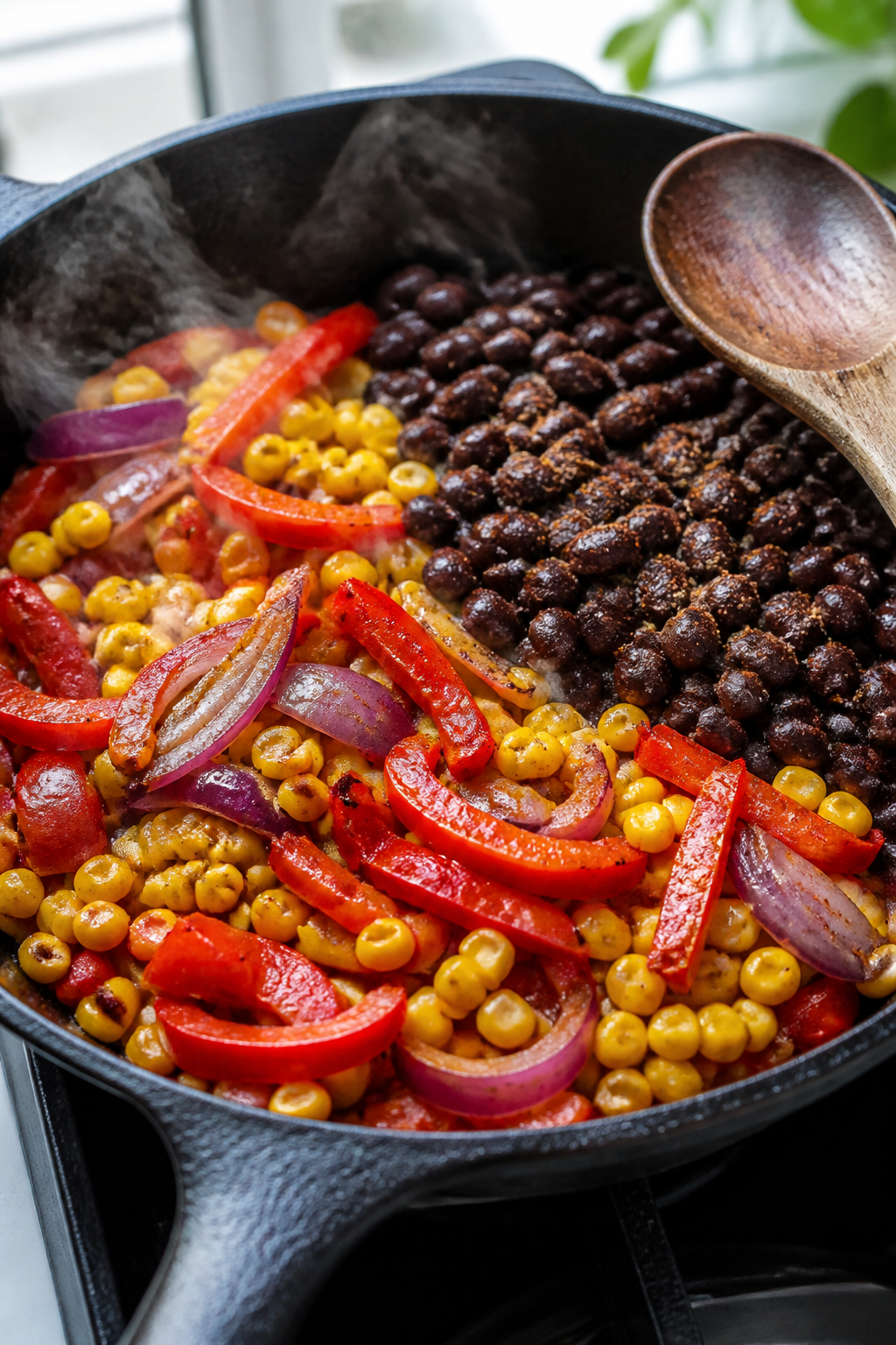 Cooking process: Colorful sauté of red bell pepper, red onion, and corn in a cast-iron pan, veggies