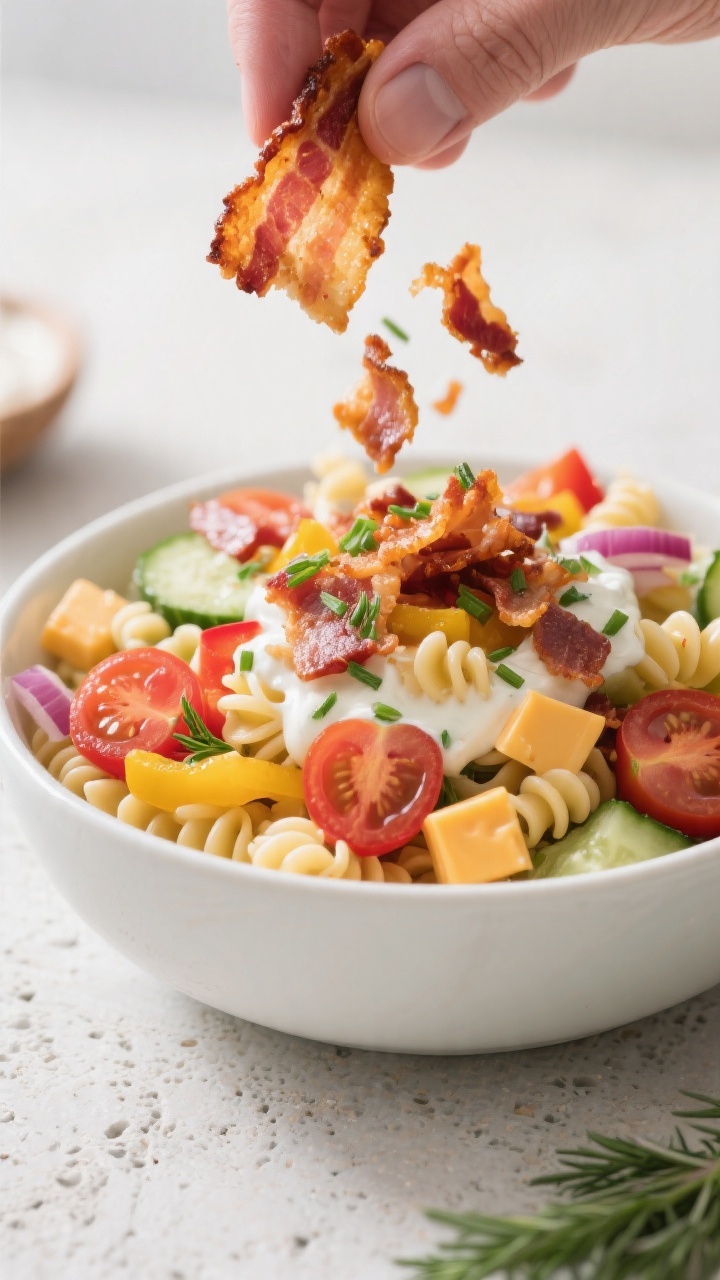 Cooking process: Crispy oven-baked bacon being crumbled over a chilled pasta salad just before servi