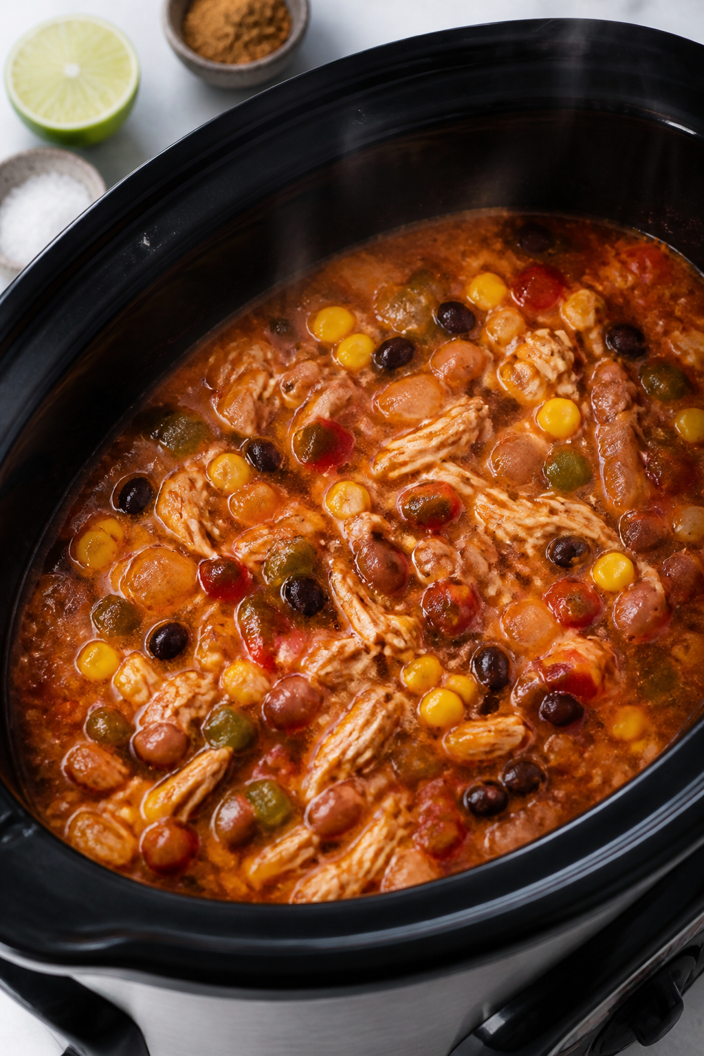Cooking process — Crockpot chicken taco soup mid-simmer: overhead shot of a slow cooker filled wit