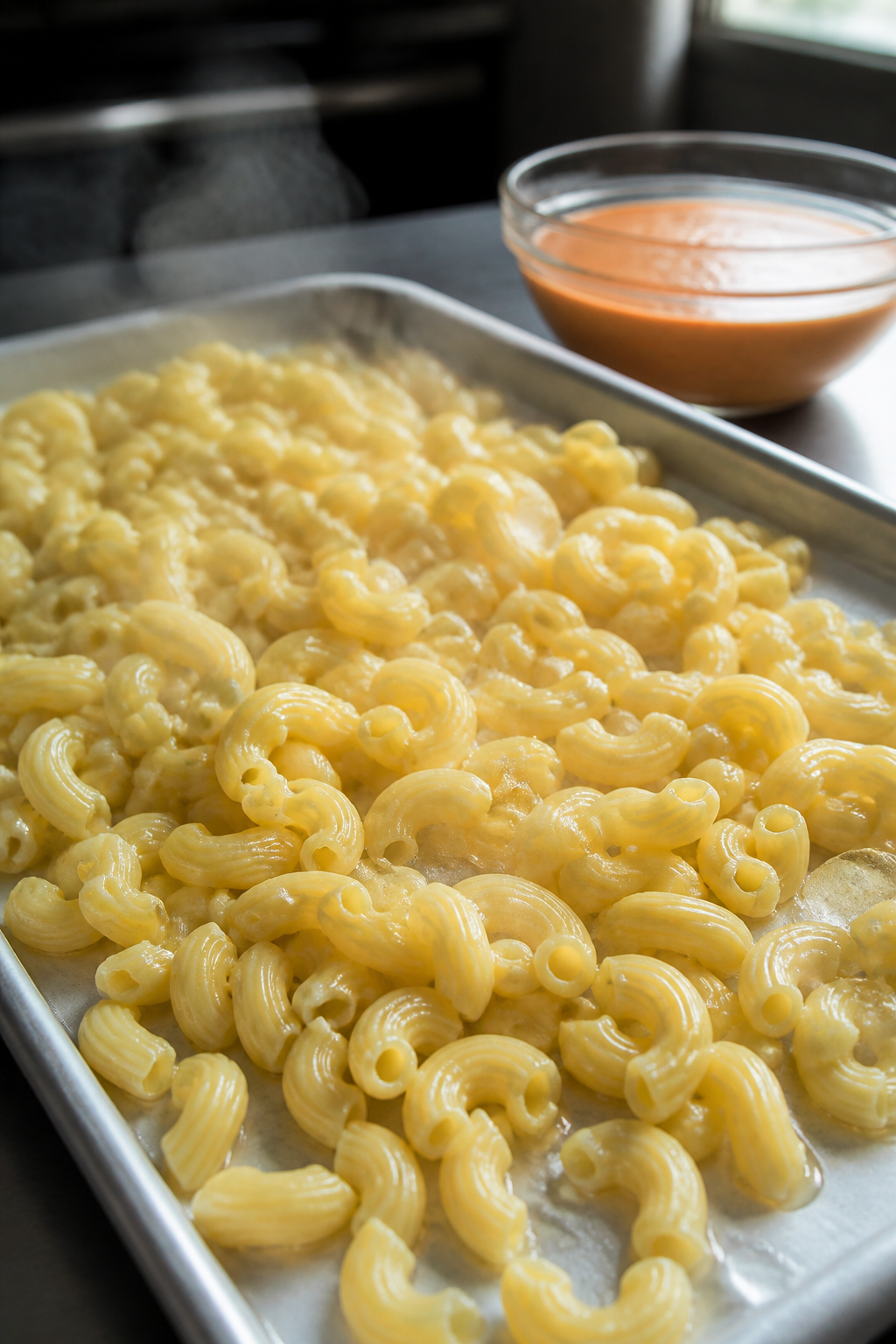 Cooking process – Drained, just-cooked elbow macaroni being quickly chilled on a sheet pan: close-