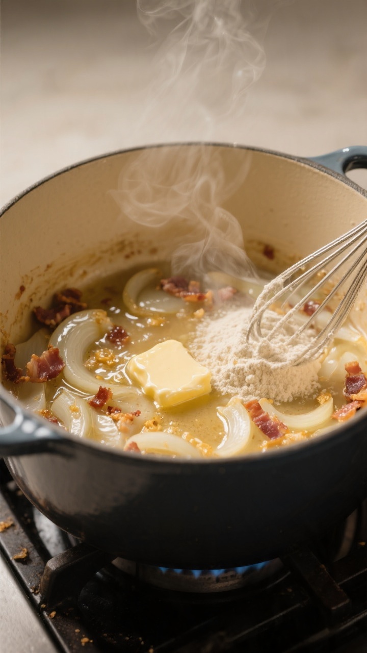 Cooking process — Dutch oven on stovetop: Sautéed onions turning translucent in shimmering bacon 