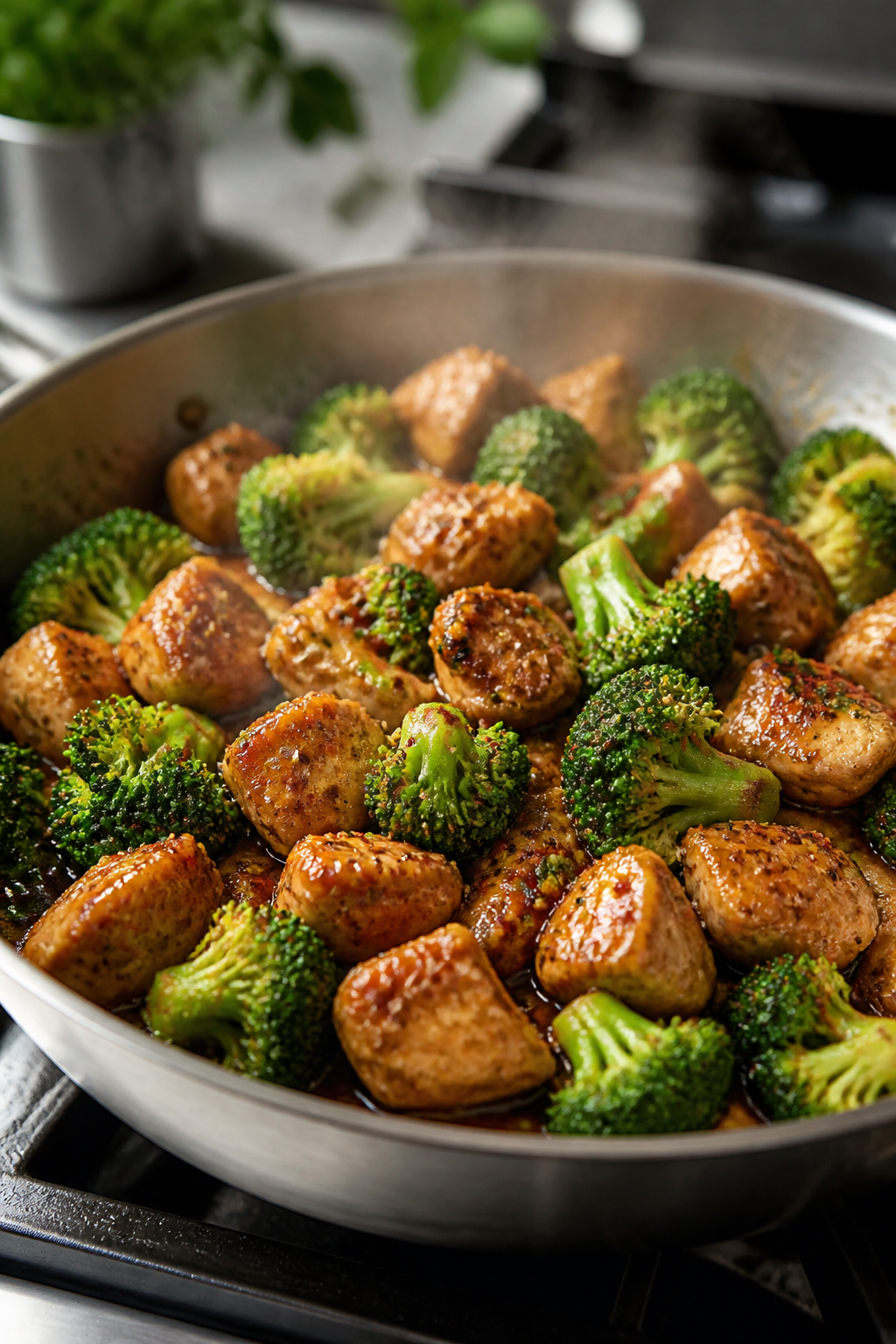 Cooking process — Garlic chicken and broccoli in one pan: Sizzling bite-size chicken pieces and cr