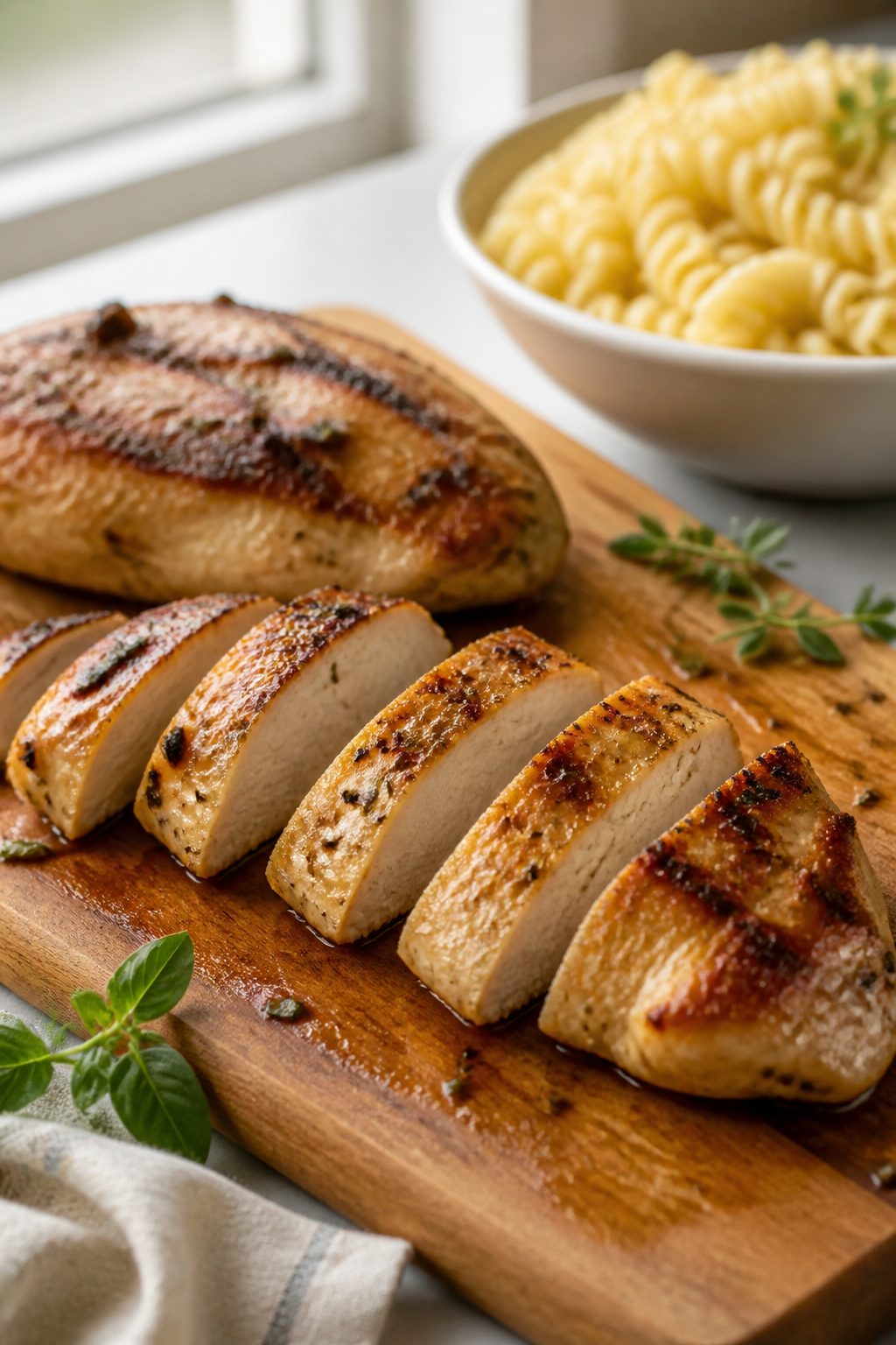 Cooking process: Golden, just-grilled chicken breasts being sliced into bite-size pieces on a warm-t