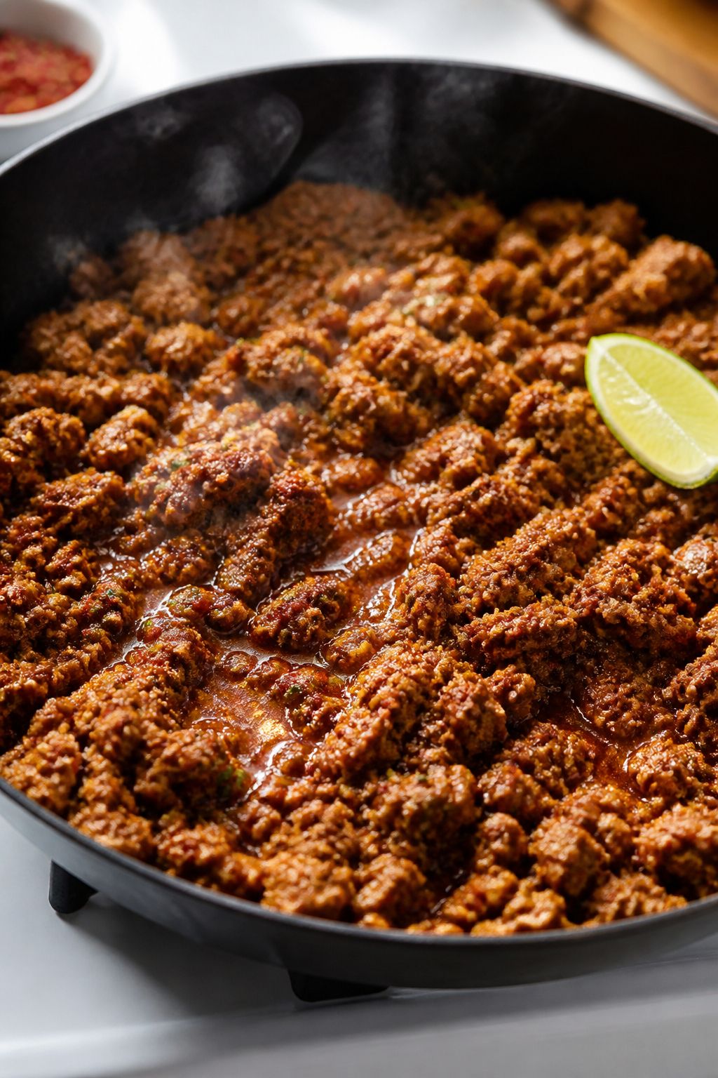 Cooking process — Ground turkey simmering with spices: Close-up of browned ground turkey in a larg
