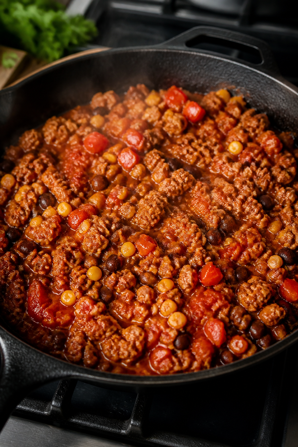 Cooking process: Ground turkey skillet mid-simmer in a wide, well-seasoned cast-iron pan on the stov