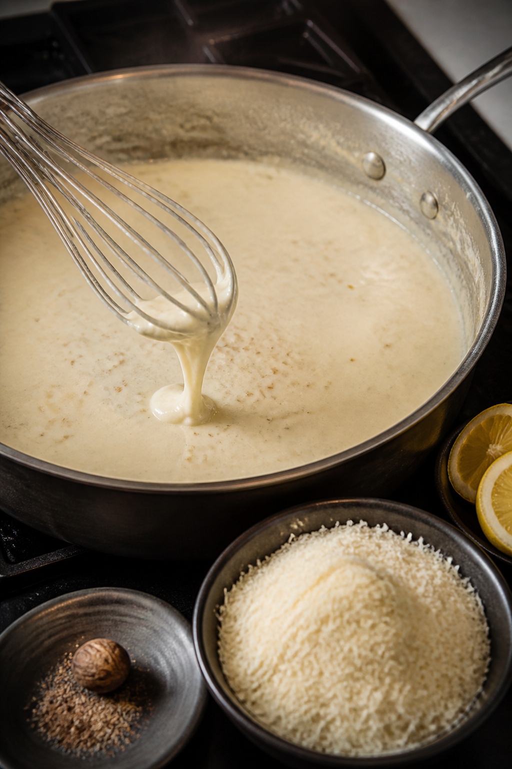 Cooking process: In-skillet scene of the sauce coming together—cornstarch-thickened chicken broth 