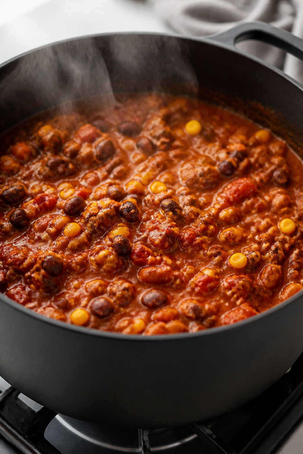 Cooking process: Lean turkey chili base sizzling in a matte black Dutch oven, close-up of browned gr