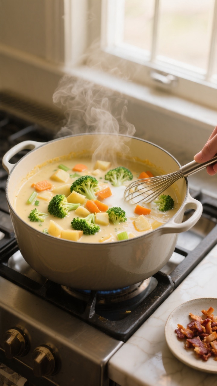 Cooking process, medium close-up: A Dutch oven on the stove at a gentle simmer, showing the loaded b