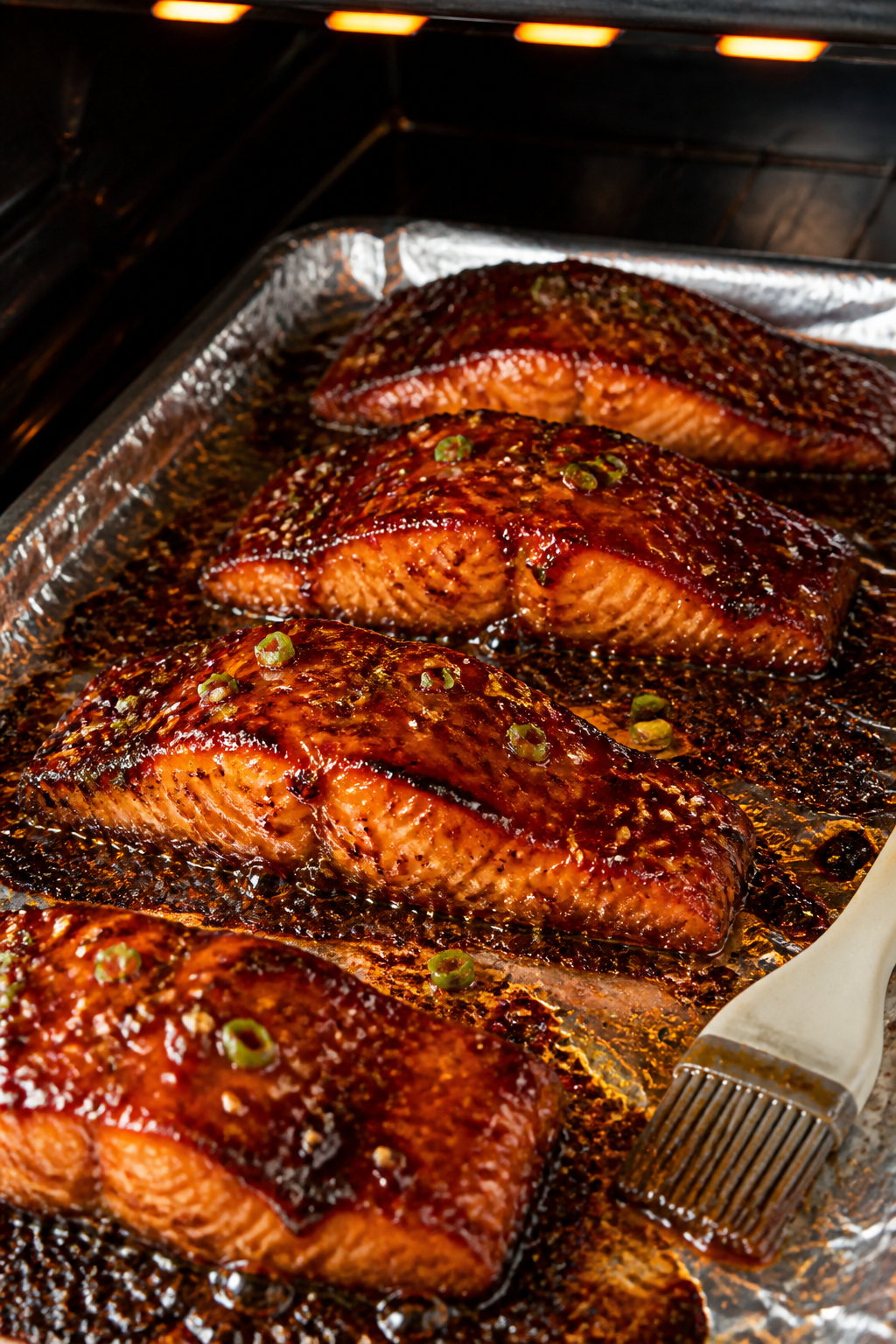 Cooking process: Mid-roast to broil finish on a foil-lined sheet pan—multiple salmon fillets coate