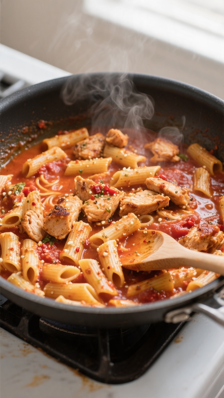 Cooking process: One pot chicken Parmesan pasta simmering in a deep skillet—overhead shot showing 