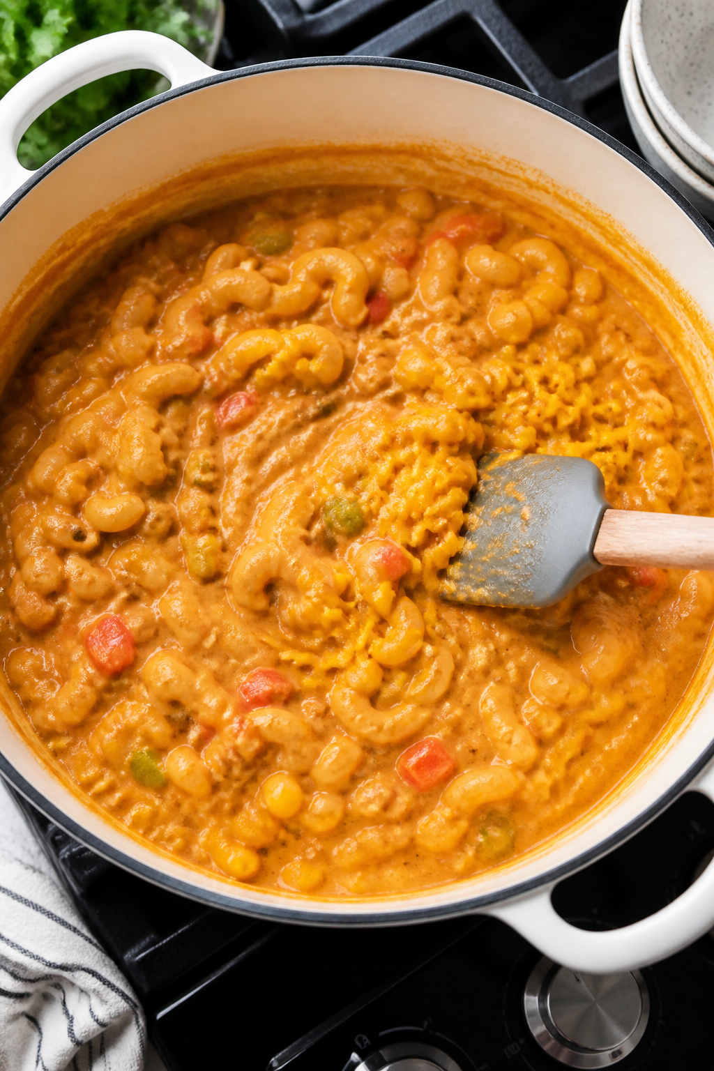 Cooking process: One-pot Healthy Taco Mac and Cheese mid-stir in a wide Dutch oven—pasta just fold