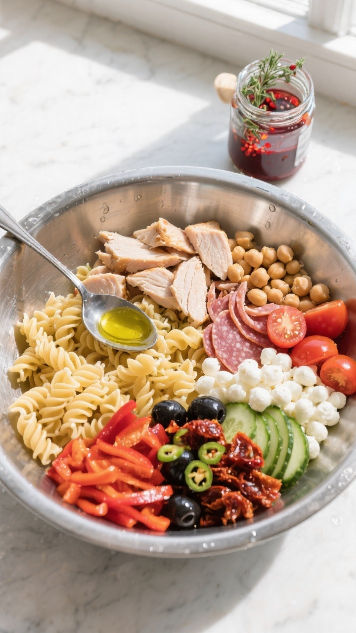 Cooking process, overhead: Al dente rotini high‑protein pasta just cooled and glistening after a q