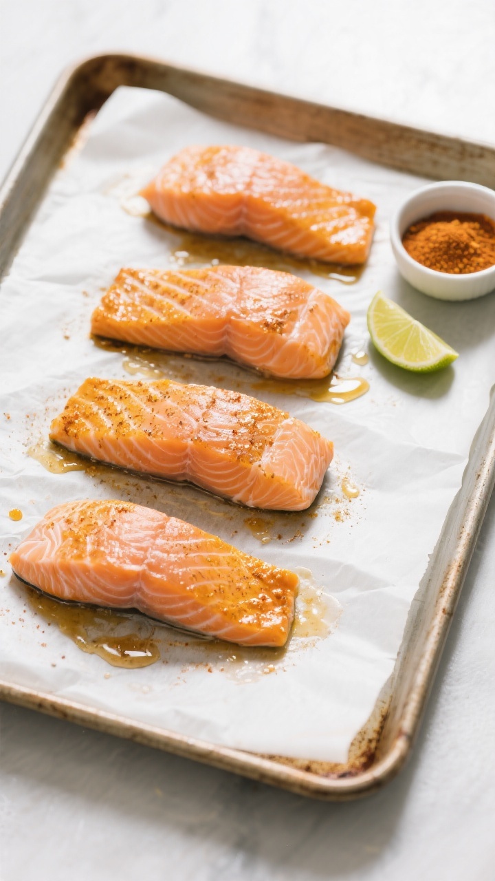 Cooking process, overhead: Four seasoned salmon fillets on a parchment-lined baking sheet mid-bake (