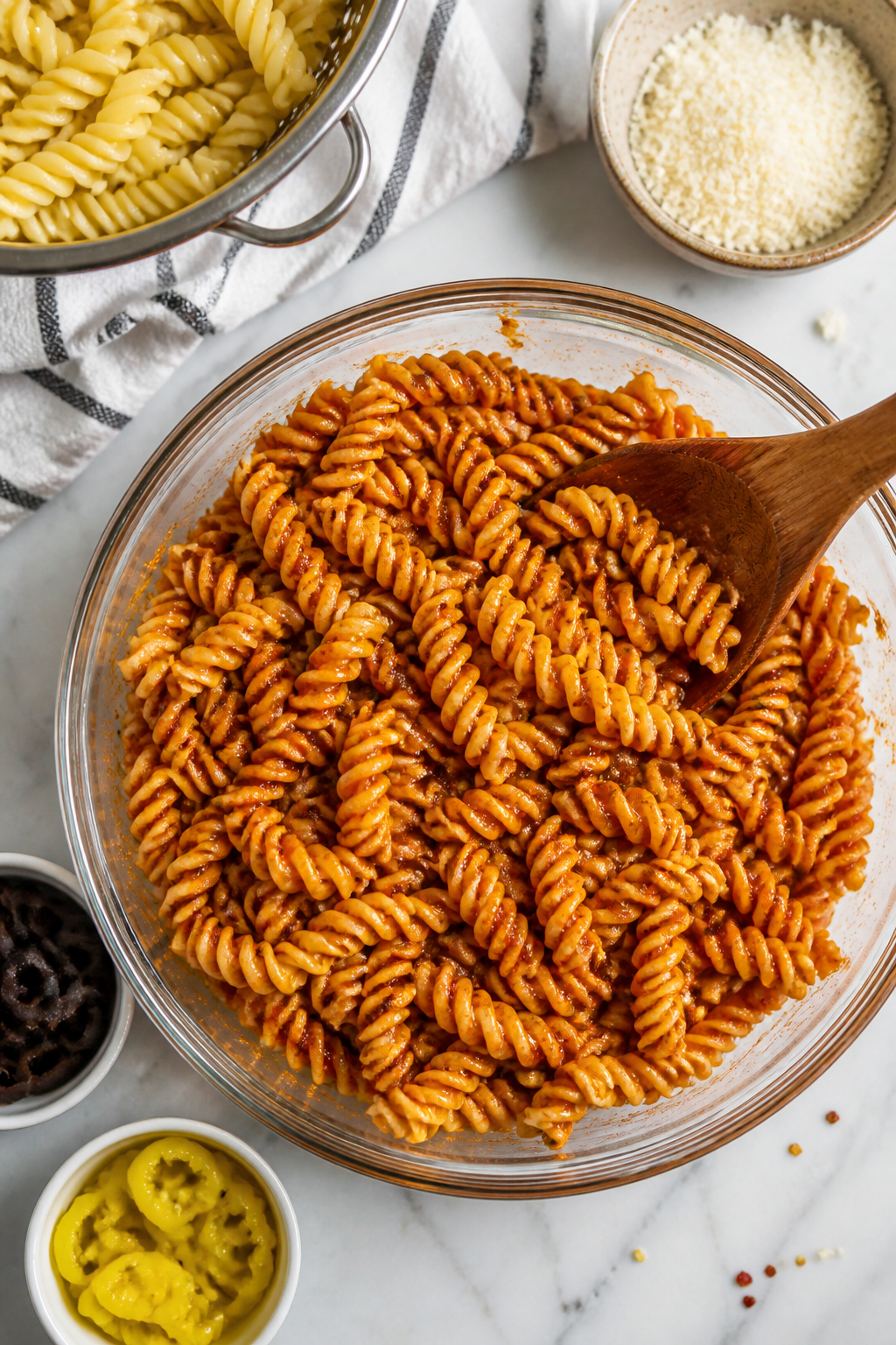 Cooking process, overhead: High-protein rotini just rinsed and cooled in a colander, then being toss