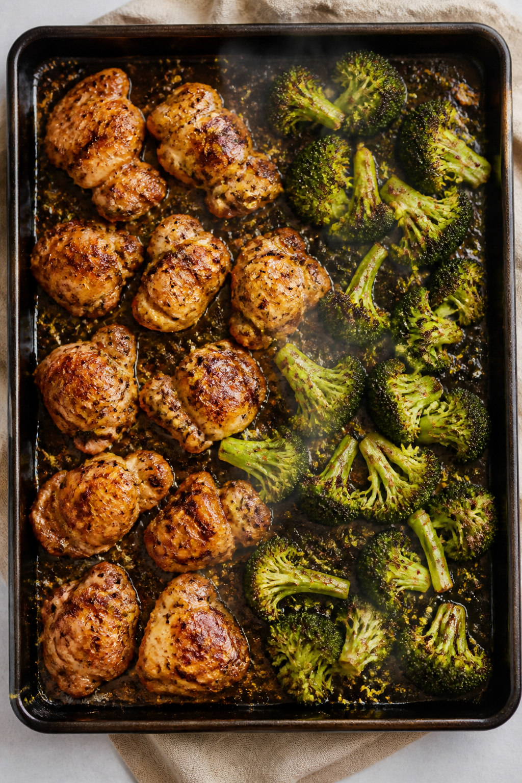 Cooking process, overhead: Preheated sheet pan at 425°F with sizzling, bite-size roasted chicken th