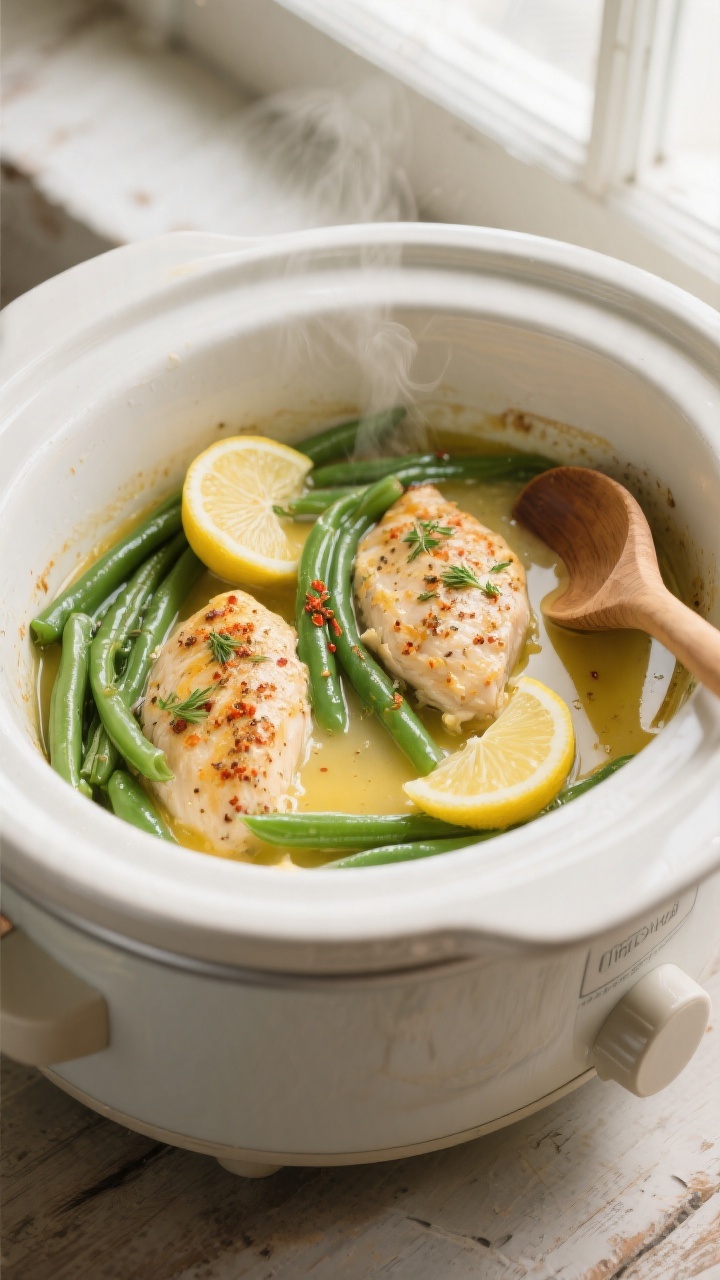 Cooking process: Overhead shot inside a slow cooker near the end of cooking—juicy, seasoned chicke