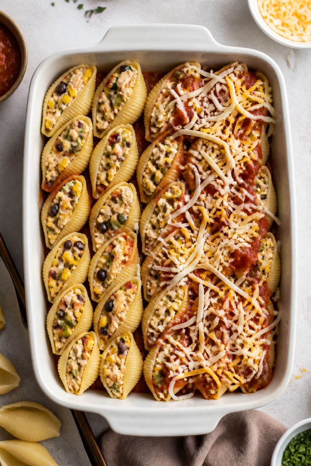 Cooking process: Overhead shot of a 9x13-inch baking dish filled with neatly nestled, stuffed jumbo 