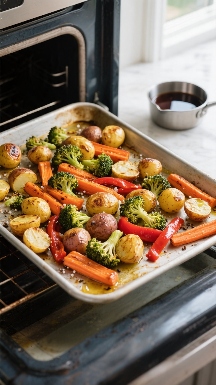 Cooking process: Overhead shot of a sheet pan of roasted veggies pulled from a 425°F oven—golden 