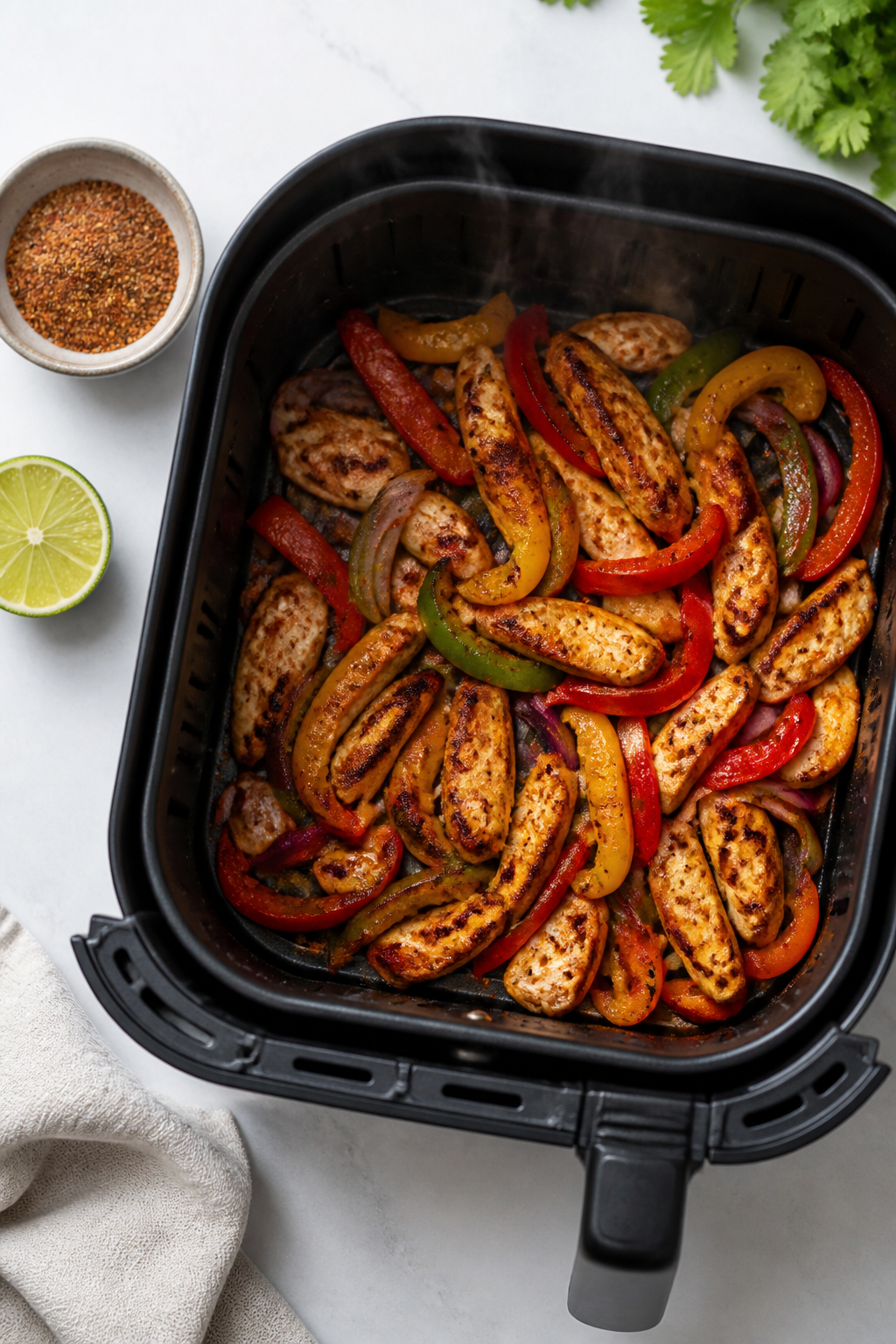 Cooking process: Overhead shot of an open air fryer basket at 390°F showing a single, even layer of