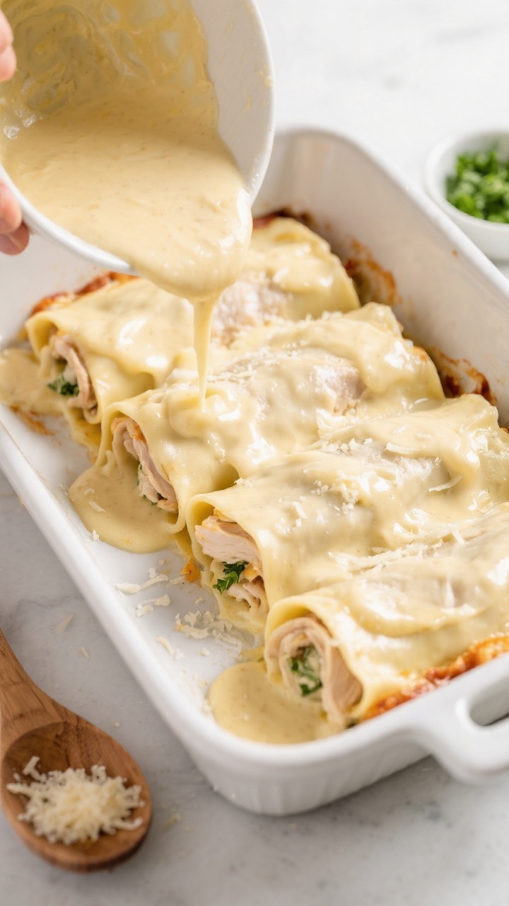 Cooking process: Overhead shot of assembled Chicken Alfredo Lasagna Roll Ups nestled seam-side down 