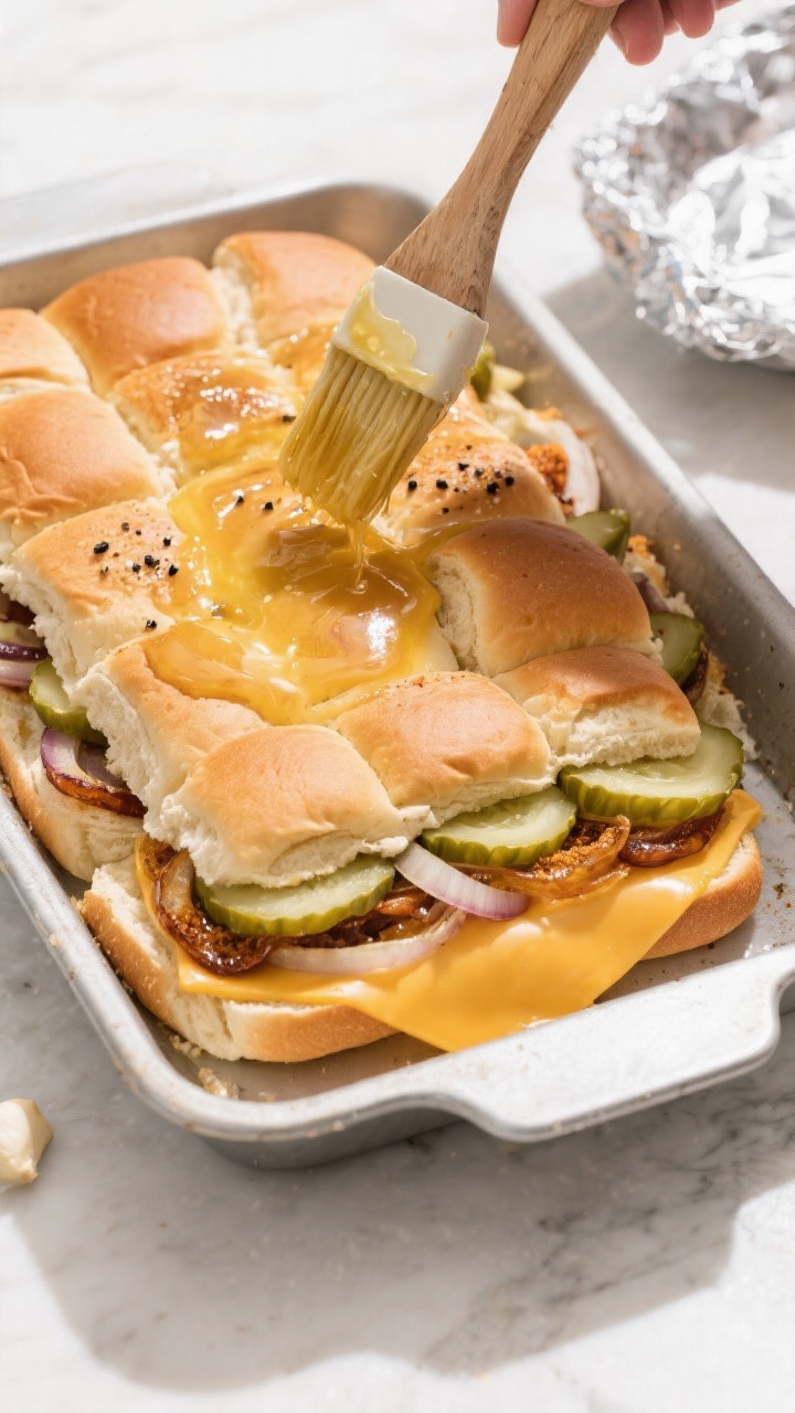 Cooking process: Overhead shot of assembled slider slab in a greased baking dish mid-brush, showing 