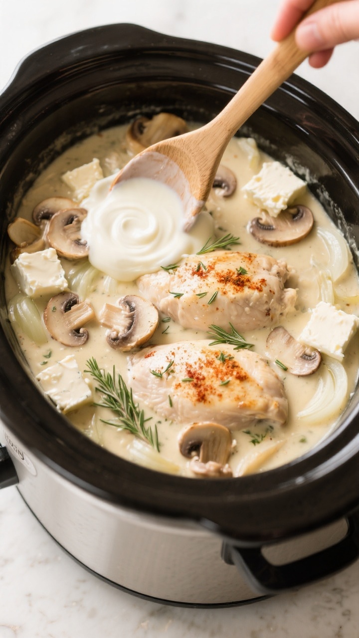 Cooking process: Overhead shot of Crockpot Creamy Mushroom Chicken at the “add creamy elements” 