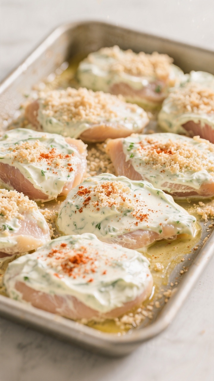 Cooking process: Overhead shot of evenly thick chicken cutlets in a 9x13 baking dish mid-prep, fully