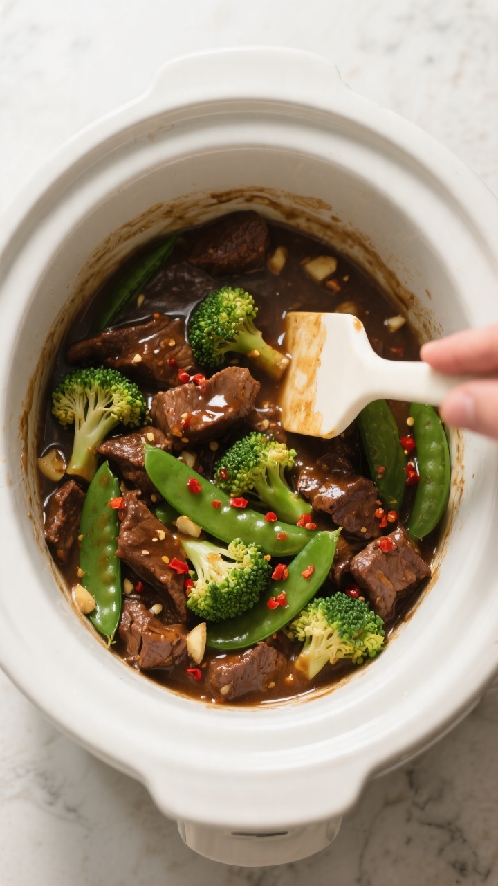 Cooking process: Overhead shot of Mongolian beef in a slow cooker during the last 20–30 minutes, s