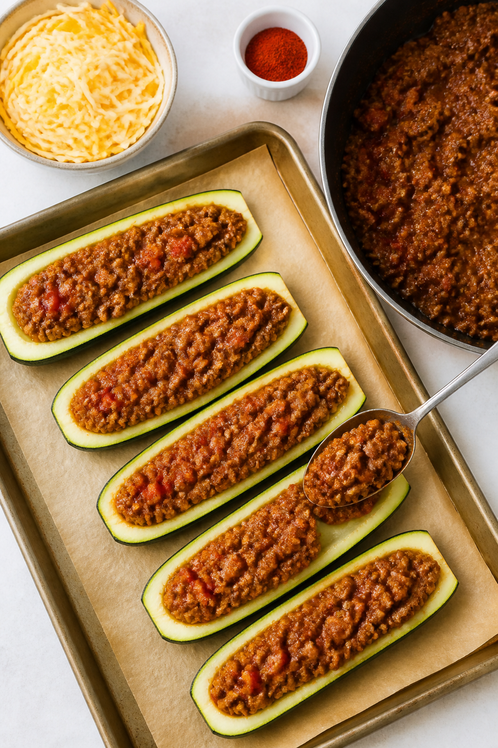 Cooking process: Overhead shot of par-baked zucchini boats on a parchment-lined sheet pan being fill