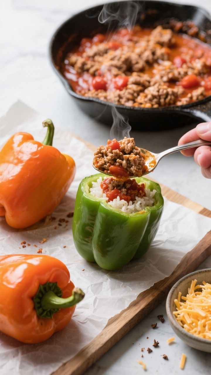 Cooking process: Overhead shot of par-cooked bell peppers being stuffed on a parchment-lined board b