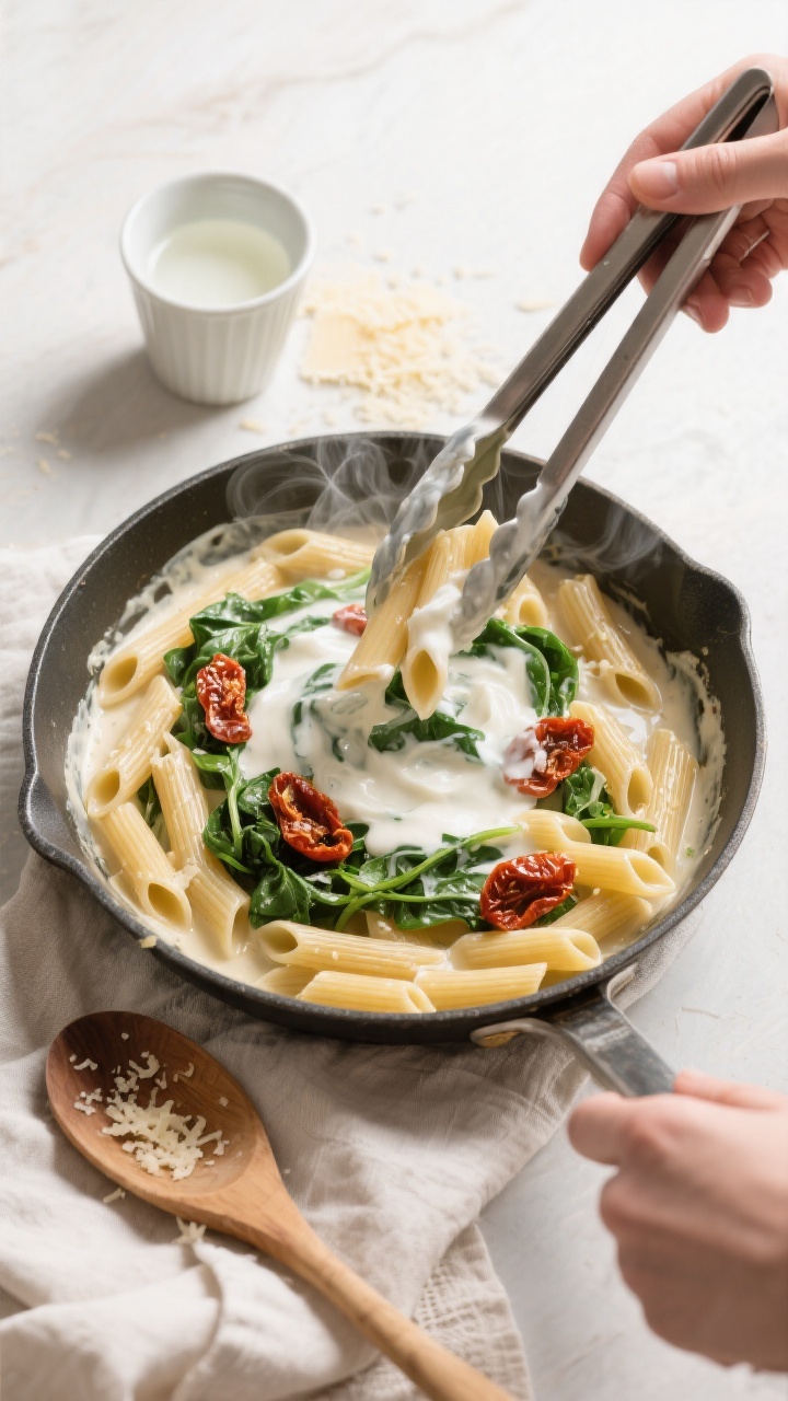 Cooking process: Overhead shot of penne being tossed in a wide skillet with the creamy broth-milk-Gr