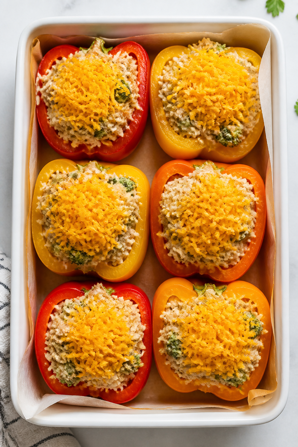 Cooking process: Overhead shot of pre-baked bell peppers being stuffed in a baking dish—peppers al