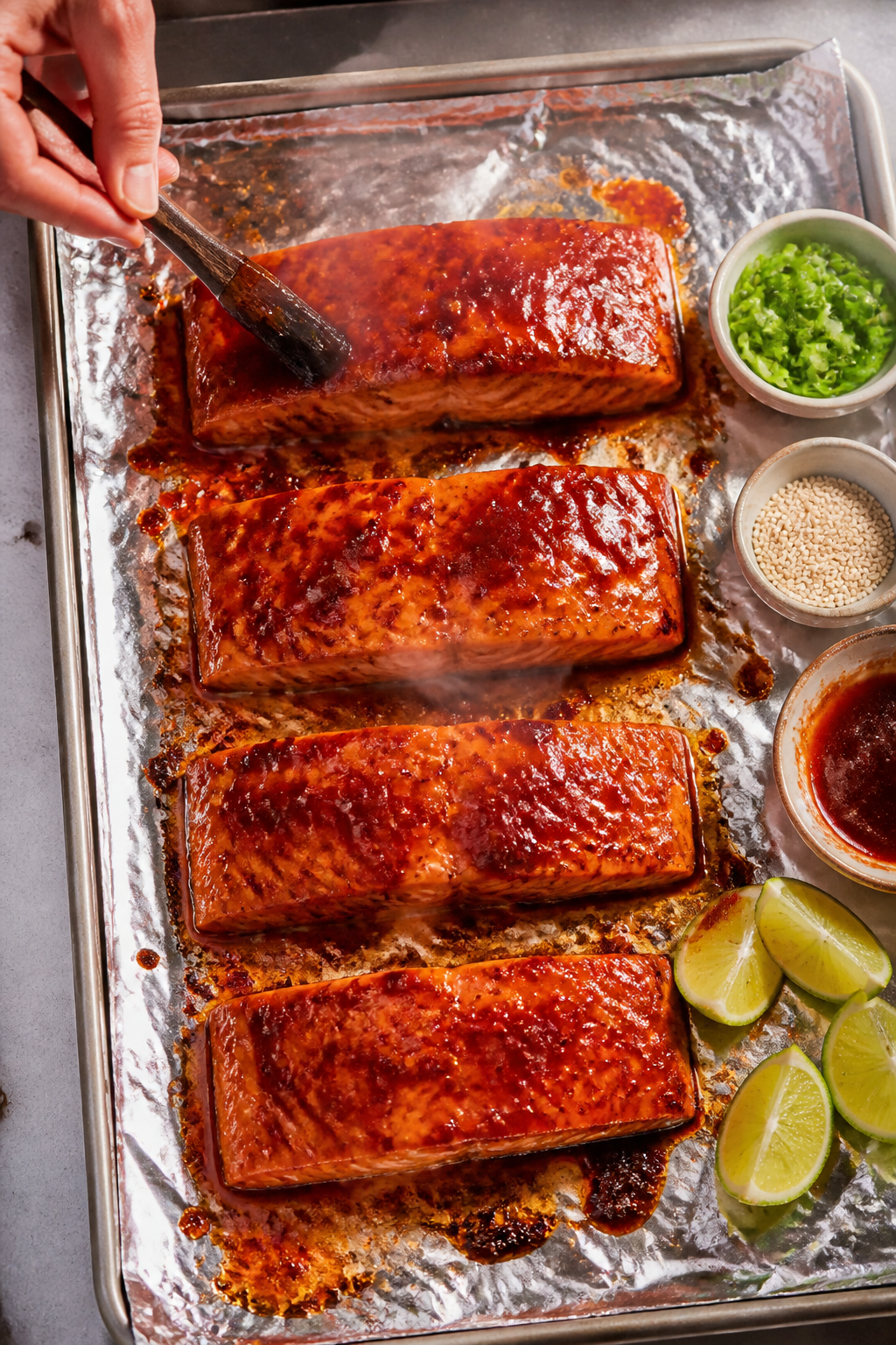 Cooking process: Overhead shot of salmon fillets on a foil-lined baking sheet mid-broil, a final bru