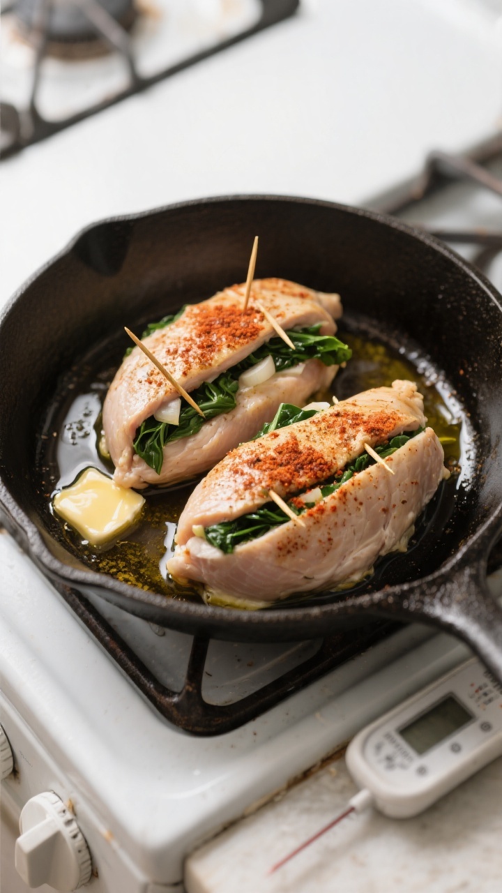 Cooking process: Overhead shot of stuffed chicken breasts in an oven-safe skillet right before going