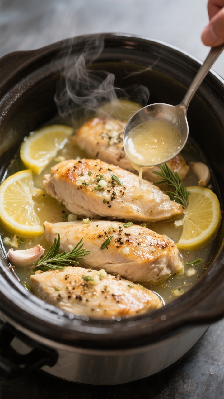 Cooking process: Overhead shot of tender, fully cooked lemon pepper chicken breasts in a slow cooker