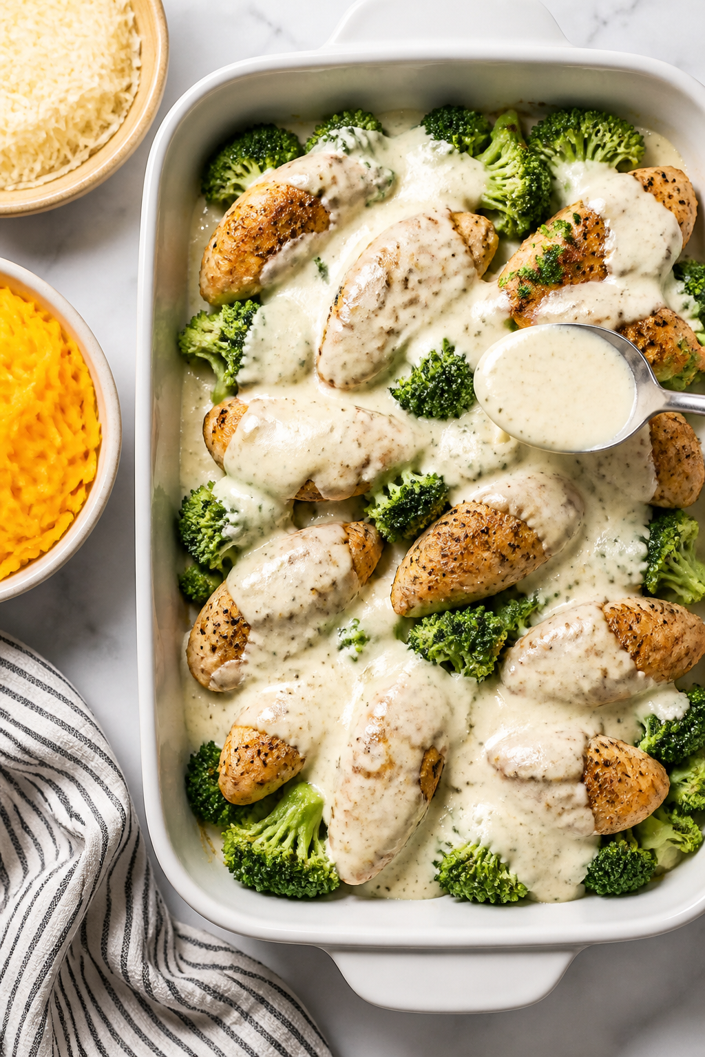 Cooking process: Overhead shot of the assembled bake mid-step—blanched broccoli scattered in a 9x1