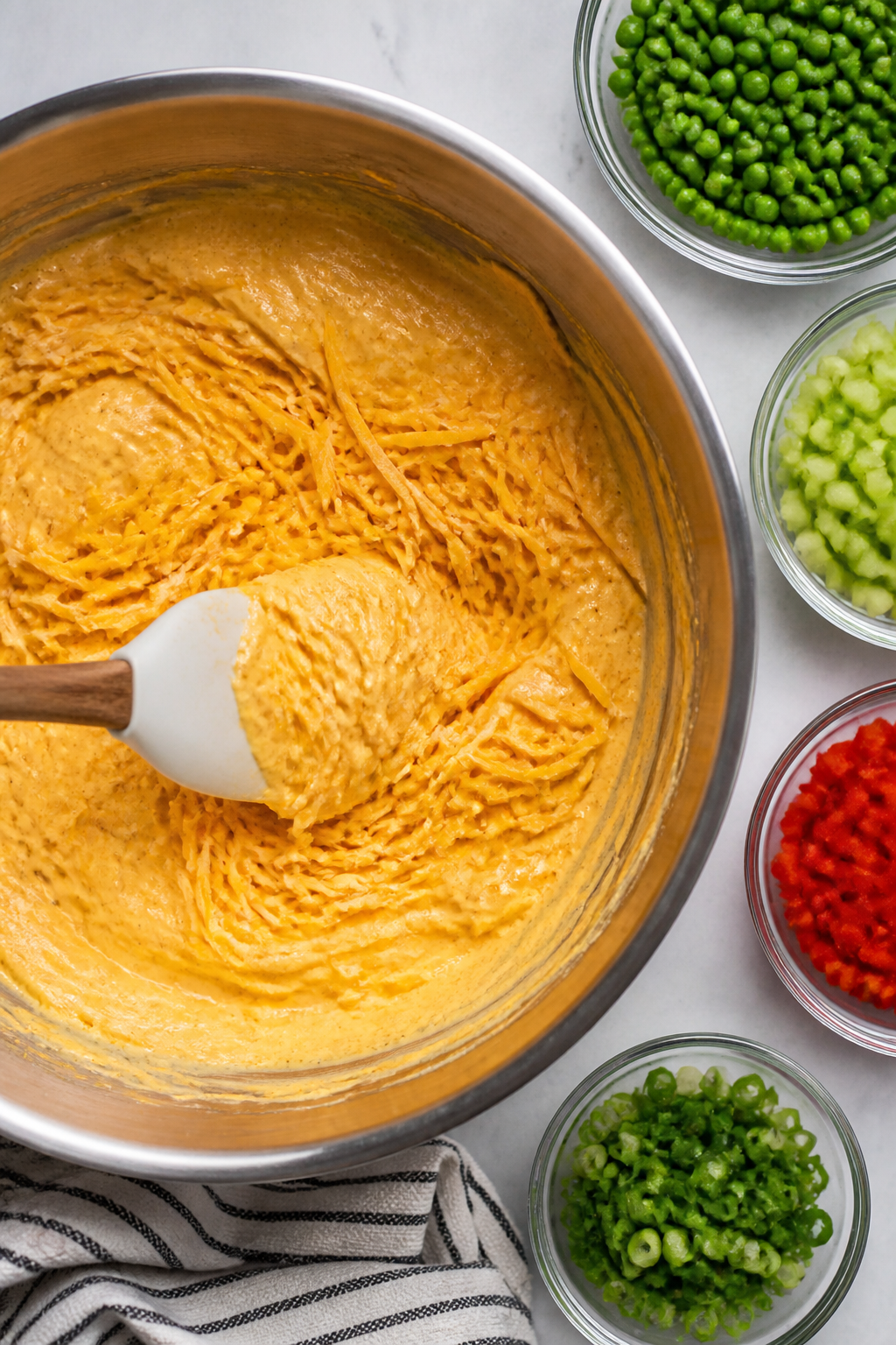 Cooking process: Overhead shot of the blended creamy base being folded with shredded sharp cheddar i