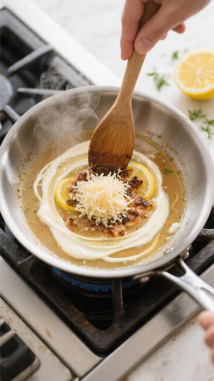 Cooking process: Overhead shot of the deglazing stage in a wide stainless-steel skillet—broth and 