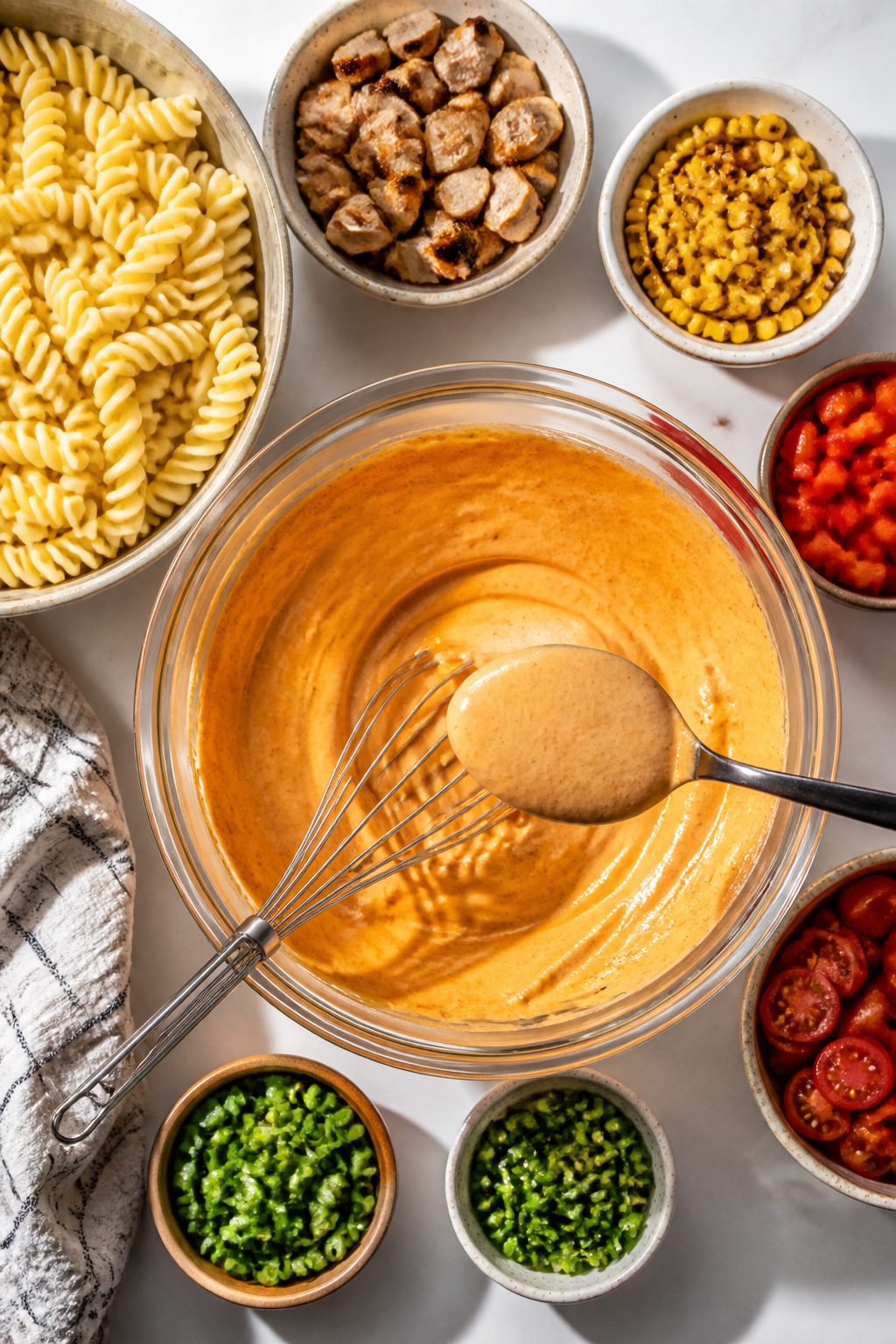 Cooking process: Overhead shot of the dressing being whisked in a large glass bowl—swirls of smoky