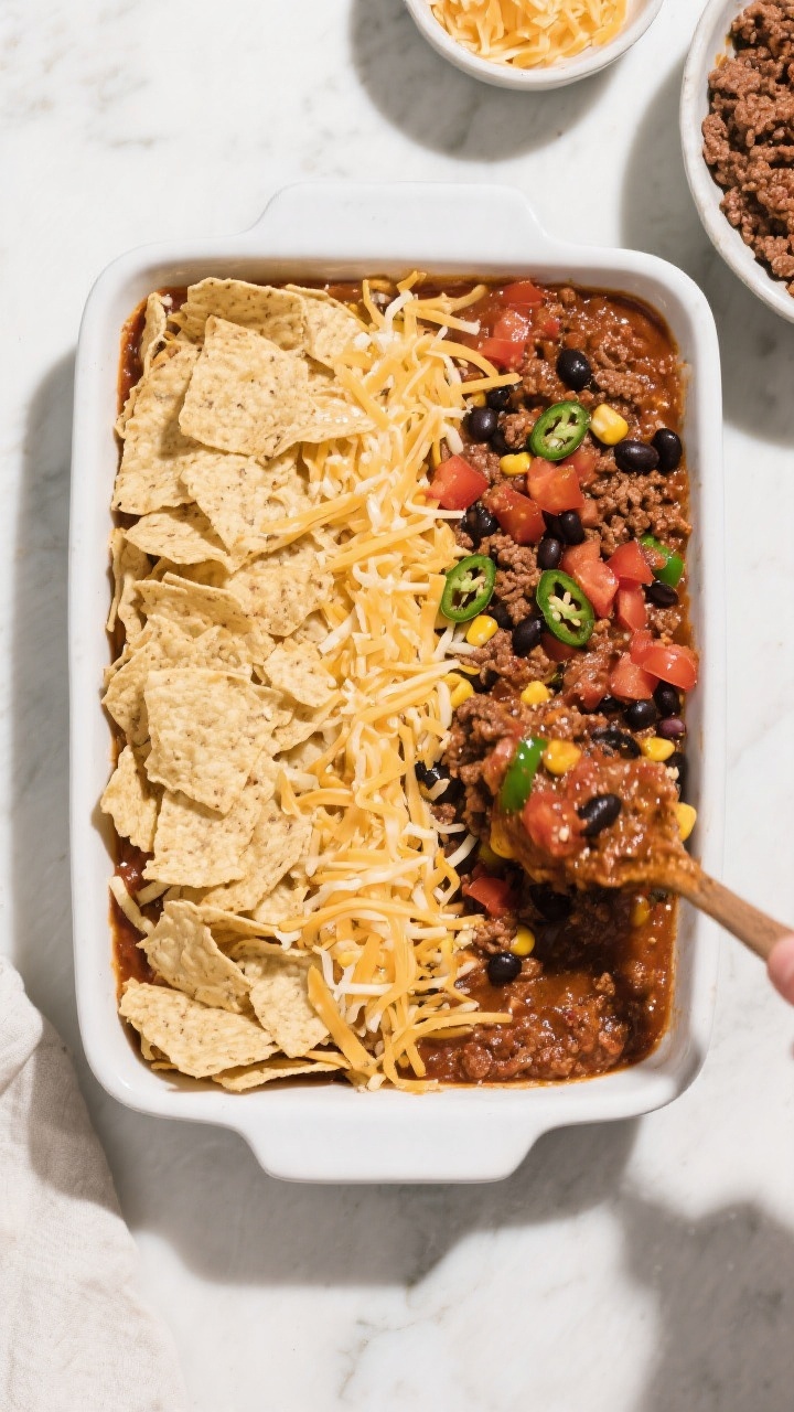 Cooking process: Overhead shot of the layering step in a 9x13 baking dish—half the dish already co
