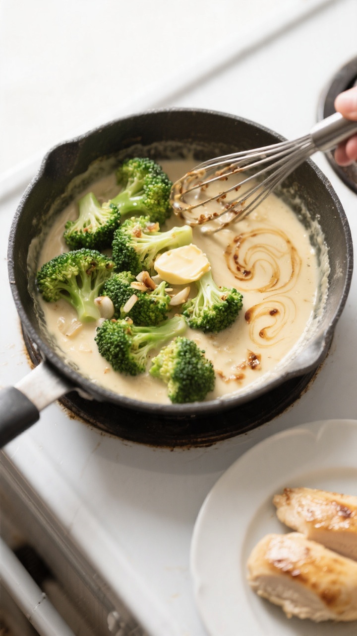 Cooking process: Overhead shot of the one-skillet moment where broccoli steams in the simmering crea
