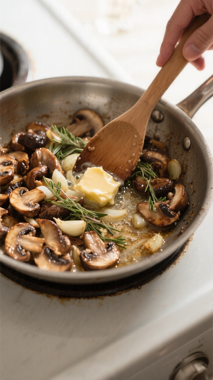 Cooking process: Overhead shot of the sauté step—mushrooms deeply browned and reduced in a wide s