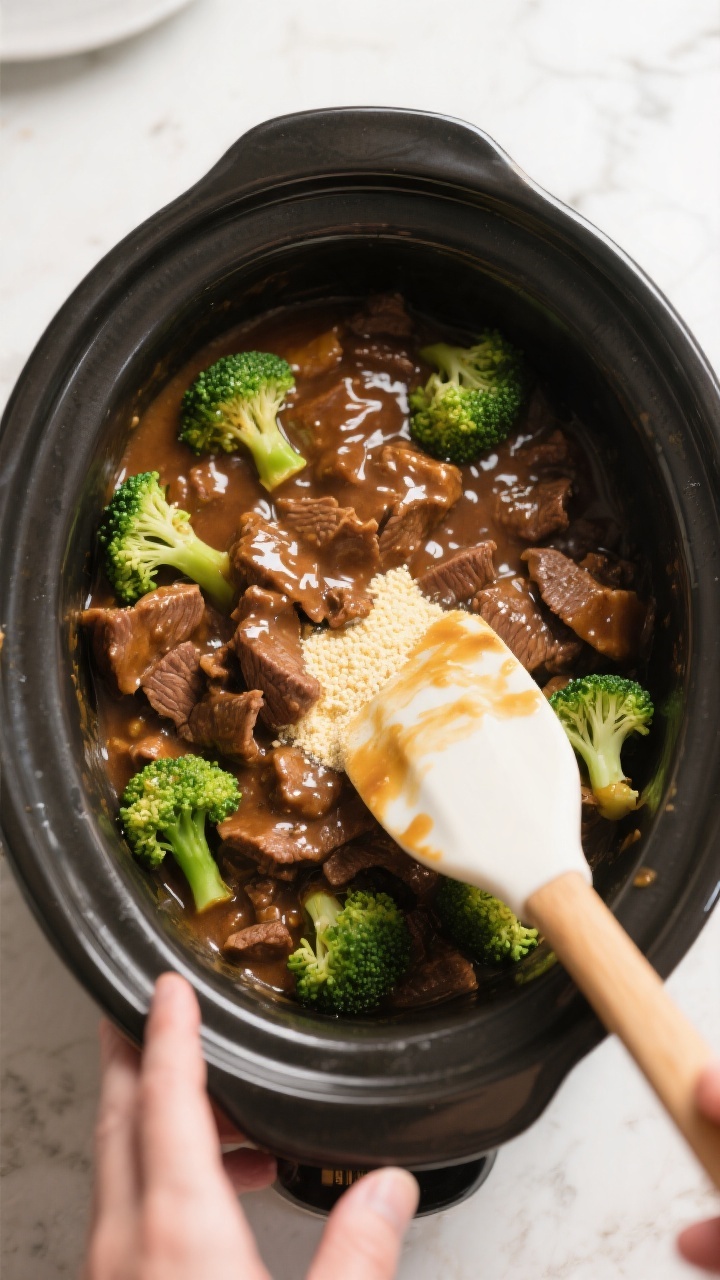 Cooking process: Overhead shot of the slow cooker just after adding the cornstarch slurry—sauce vi