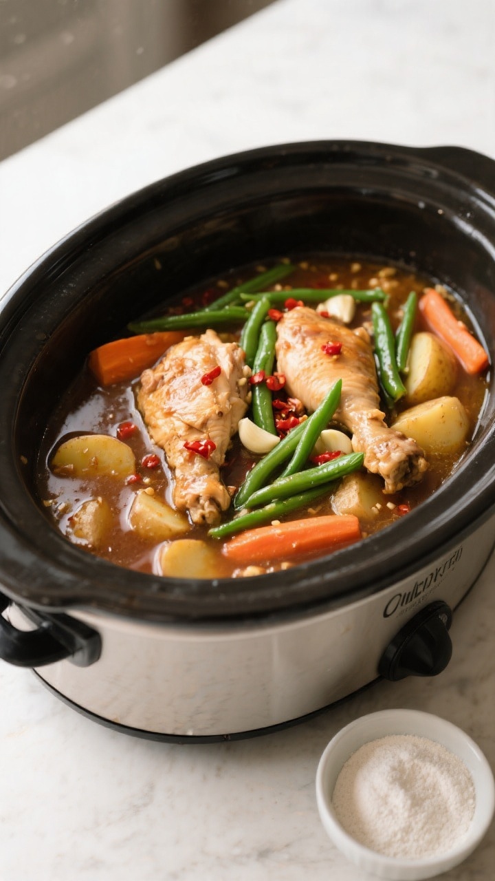 Cooking process: Overhead shot of the slow cooker just after stirring in green beans during the last