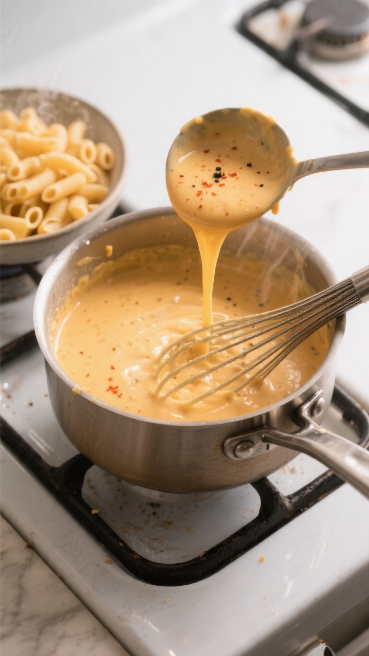 Cooking process: Overhead shot of the smooth cheese sauce being whisked off-heat in a large pot—gl