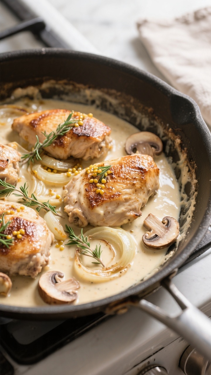 Cooking process: Overhead shot of the smothering stage—seared chicken returned to a large skillet 